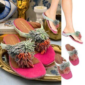 🆕 KURT GEIGER LONDON 🧿 NWOB Pom Pom T-Bar Thong Sandals, Pink - Sz 35 US 5